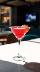 Red cocktail in martini glass with lime wedge