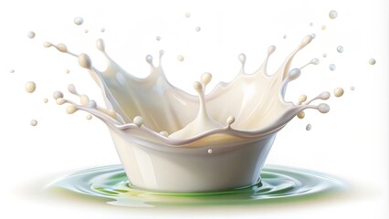 A colorful illustration of a gallon of milk with a splash design and a few droplets on the side, isolated on a white background.