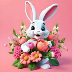 Cheerful cartoon rabbit with a large bouquet of flowers