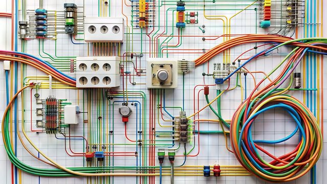 A complex electrical wiring diagram with colorful wires, circuits, and components on a white background, illustrating a detailed schematic for an electronic system.