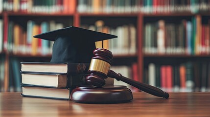Court gavel, law textbooks, and a mortarboard on a wooden desk in a library, highlighting the importance of legal education and the study of legislation.