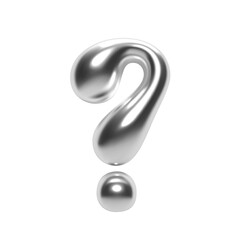 3D chrome question mark in Y2K bubble style. Shiny silver surface with inflated liquid metal form. Isolated query symbol for modern typography, graphic projects, and communication design