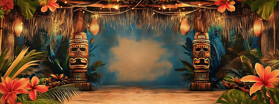 Luau Personalize, Fill in the Blank, Tiki design Template Illustration and backgrounds for party and celebration printed invitations, posters, flyers, tropical, flowers, Hawaii, paradise, vacation