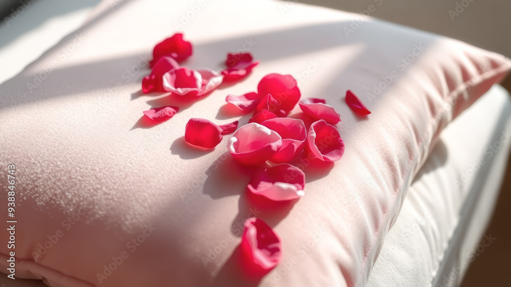 Poster Pink Pillow with Red Rose Petals