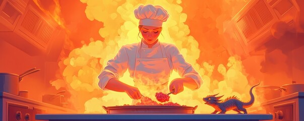 A chef creates a fiery masterpiece in the kitchen, showcasing skill and passion amid vibrant flames and culinary excitement.