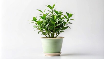 Fototapeta premium A delicate green potted plant with intricate leaves and slender stems sits alone on a clean white background, awaiting care and nourishment.