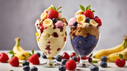 Mixed berry sundae in tulip glass, blueberry and strawberry, whipped cream, isolated background.