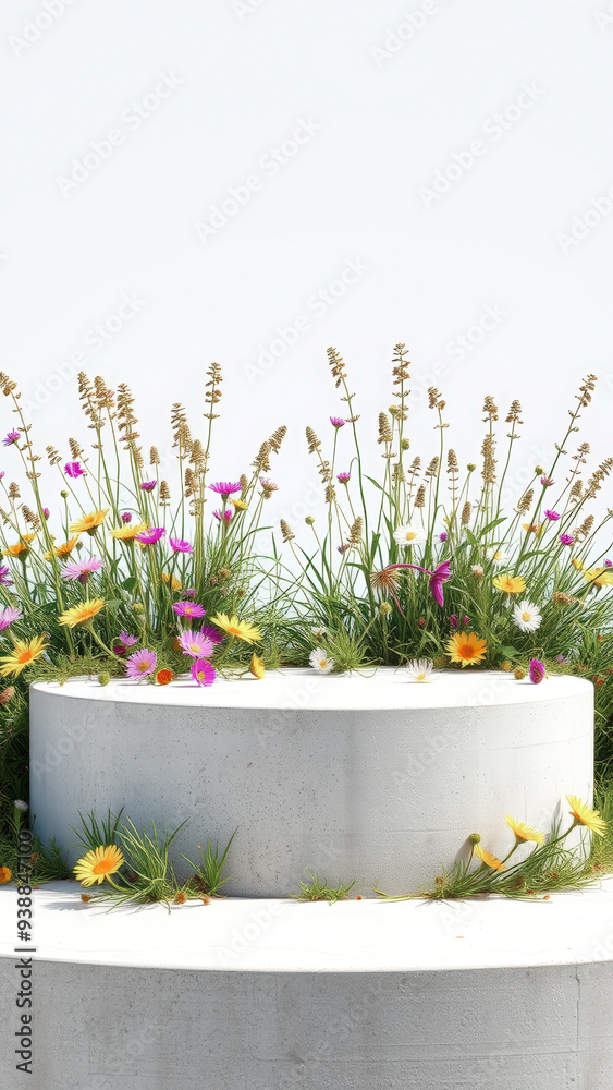 Wall mural white concrete podium with wildflowers