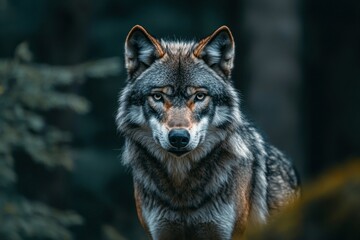 Fototapeta premium A lone wolf in the distance, staring directly at the camera, its piercing eyes sharply focused.