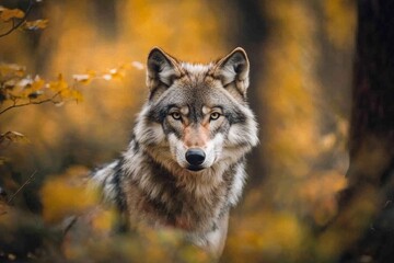Fototapeta premium A lone wolf in the distance, staring directly at the camera, its piercing eyes sharply focused.