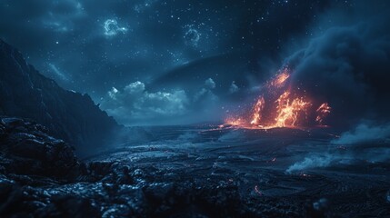 Fototapeta premium Erupting Volcano Under a Starry Night Sky