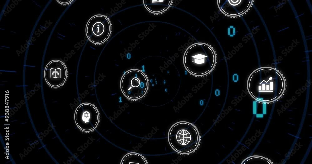 Poster Binary code and digital icons animation over dark background with concentric circles