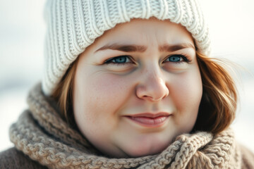 Close-up portrait of a young woman wearing a white knitted hat and a scarf