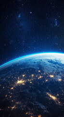 A blue and white planet with a starry sky