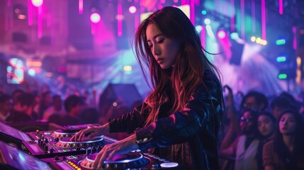 Female DJ Performing at a Nightclub with Vibrant Lighting