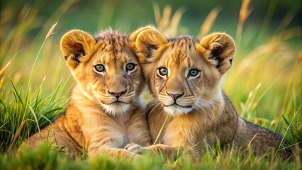 Obraz premium Adorable lion cubs cuddle and play on the savannah grass, their big eyes and fluffy fur capturing the joy and innocence of childhood.