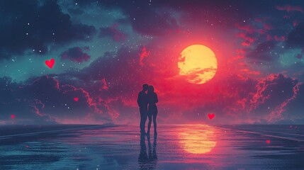 Obraz premium Couple in love hugging on a road under a futuristic sky with heart vibes illustration.