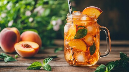 A mason jar filled with iced peach tea, garnished with peach slices and a striped straw, placed on a wooden table with a summer garden background