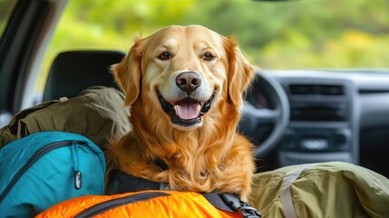 Happy golden retriever in a car with travel bags, looking forward to a fun road trip, capturing the spirit of adventure and exploration.