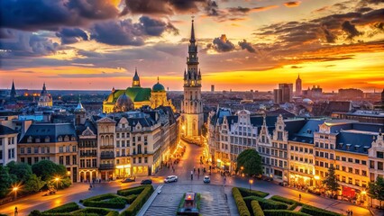 Naklejka premium Aerial Cityscape With Famous Landmarks And European Union Buildings In Downtown Brussels At Dusk