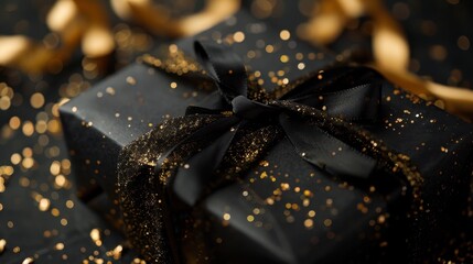 Black Gift Box with Gold Glitter and Ribbon