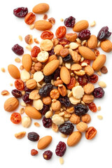 A colorful assortment of nuts and dried fruits scattered on a white background. The mix includes almonds, walnuts, and various dried berries, creating a vibrant and healthy snack option.