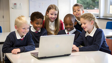 Happy Schoolchildren Using Laptops on Back to School Day