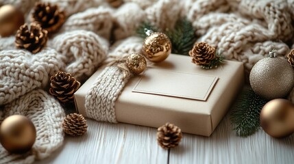 Fototapeta premium Craft paper gift box with Nordic ornaments and knitted plaid on white wood table vintage Christmas card template