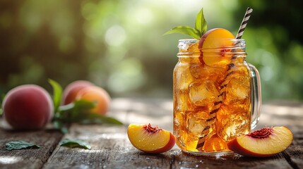 A mason jar filled with iced peach tea, garnished with peach slices and a striped straw, placed on a wooden table with a summer garden background