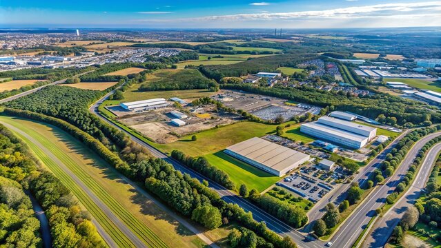 Aerial view of a vast, empty, and undeveloped commercial plot of land surrounded by roads, forests, and adjacent industrial buildings in a sunny day.