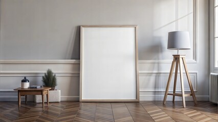 Wall poster mockup with blank white template for presenting images or illustrations on a minimalistic background with space for copy.