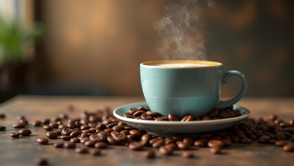 A steaming cup of coffee in a blue ceramic cup surrounded by scattered coffee beans on a wooden table
