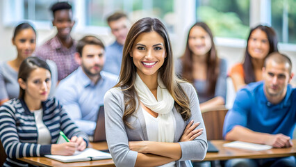 Empowered Woman Smiling at Camera in Classroom