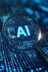 A magnifying glass icon with text "AI" placed over a stream of flowing binary code, with the numbers under the icon glowing brightly. 