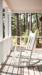 White Rocking Chair on a Porch with a View of the Woods