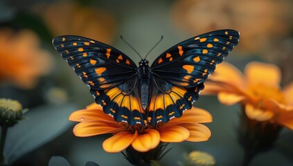 Fototapeta premium A black and orange butterfly with its wings open perches on a delicate orange flower.