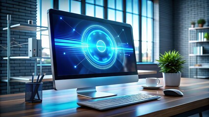 Fototapeta premium A futuristic desktop display shows a progress bar advancing as a operating system undergoes a crucial update, symbolizing innovation and digital advancement.