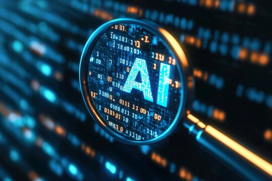A magnifying glass icon with text "AI" placed over a stream of flowing binary code, with the numbers under the icon glowing brightly. 