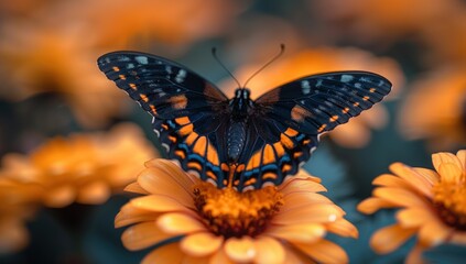Fototapeta premium A black and orange butterfly with its wings open perches on a delicate orange flower.