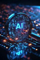 A magnifying glass icon with text "AI" placed over a stream of flowing binary code, with the numbers under the icon glowing brightly. 