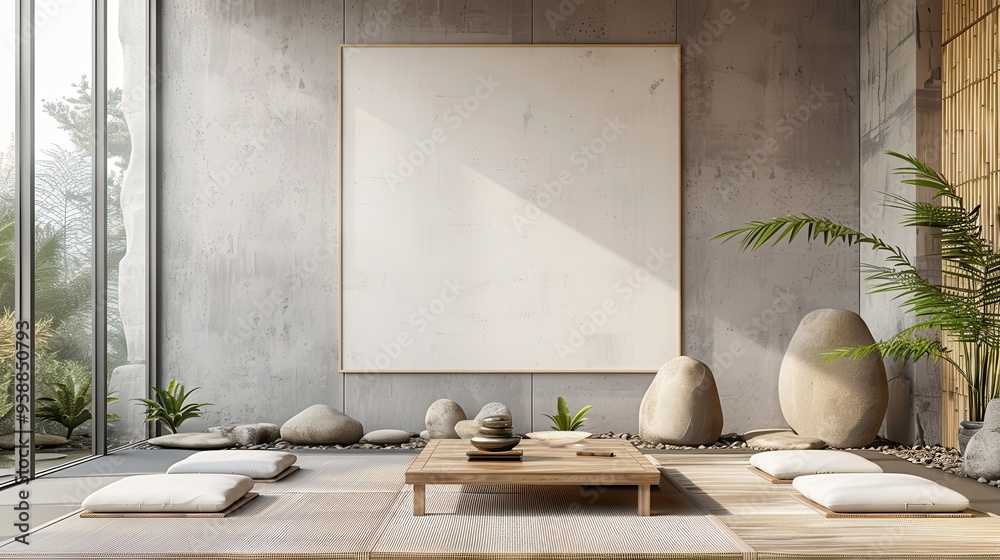 Poster minimalist zen room with large blank canvas and wooden table