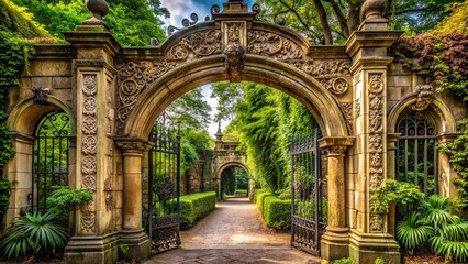 Fototapeta premium A grand stone archway entrance with intricate carvings and ornate iron gates, set amidst lush greenery, inviting visitors to explore the mysteries within.
