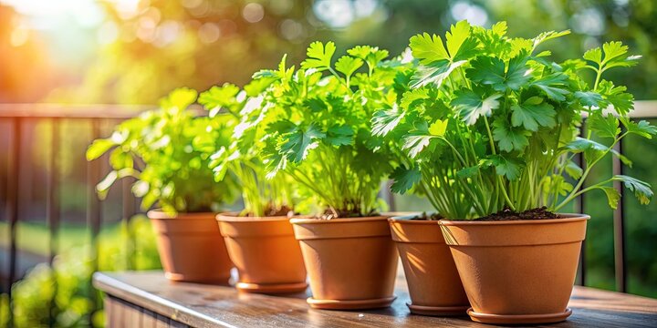 Close up of vibrant coriander and parsley plants flourishing in containers on a sunny balcony, perfect for herb gardening enthusiasts