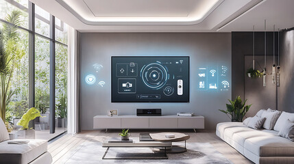 A living room with a wall-mounted smart TV displaying home security feeds, while a person interacts with a voice-activated AI system to monitor the home's energy usage and control connected 