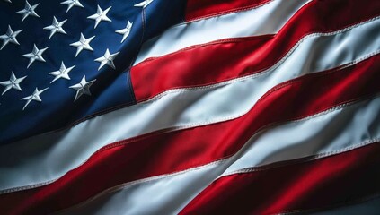 Close-Up of American Flag Waving in the Wind with Detailed Stars and Stripes