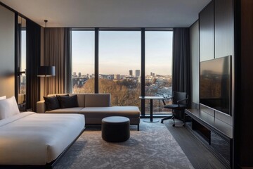 Fototapeta premium A modern hotel room with floor-to-ceiling windows, featuring carpeting, high-end furniture,wardrobe, and a single sofa with a view of the city. 