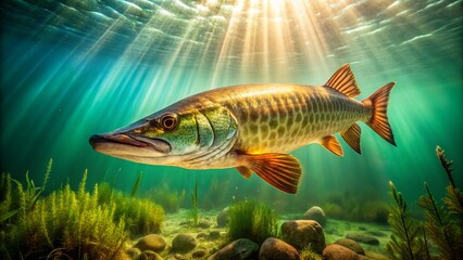 A large, metallic-scaled muskellunge fish swims in the crystal-clear water of a serene lake, its vibrant green and brown stripes glistening in the sunlight.