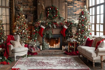 Living room with Christmas trees and decorations, wooden floor. Christmas background for photo shoot.