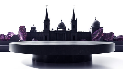 Obraz premium Black Marble Podium with Church and Purple Crystals