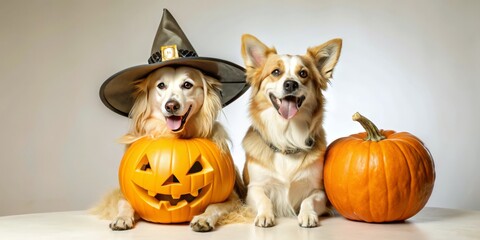 Two dogs wearing Halloween hats and standing in front of two pumpkins